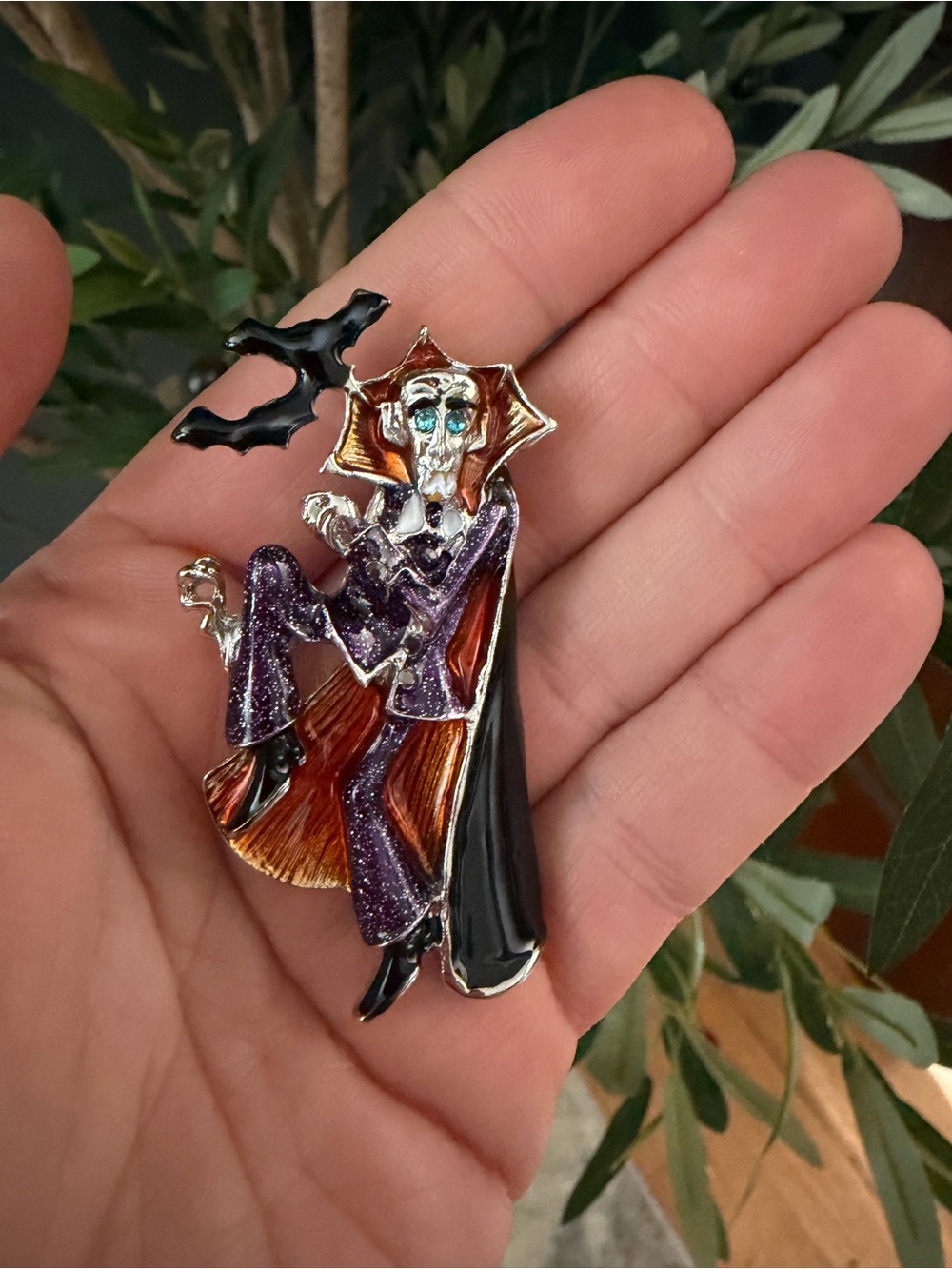 Enamel Vampire Brooch Pin in Purple, Black and Orange